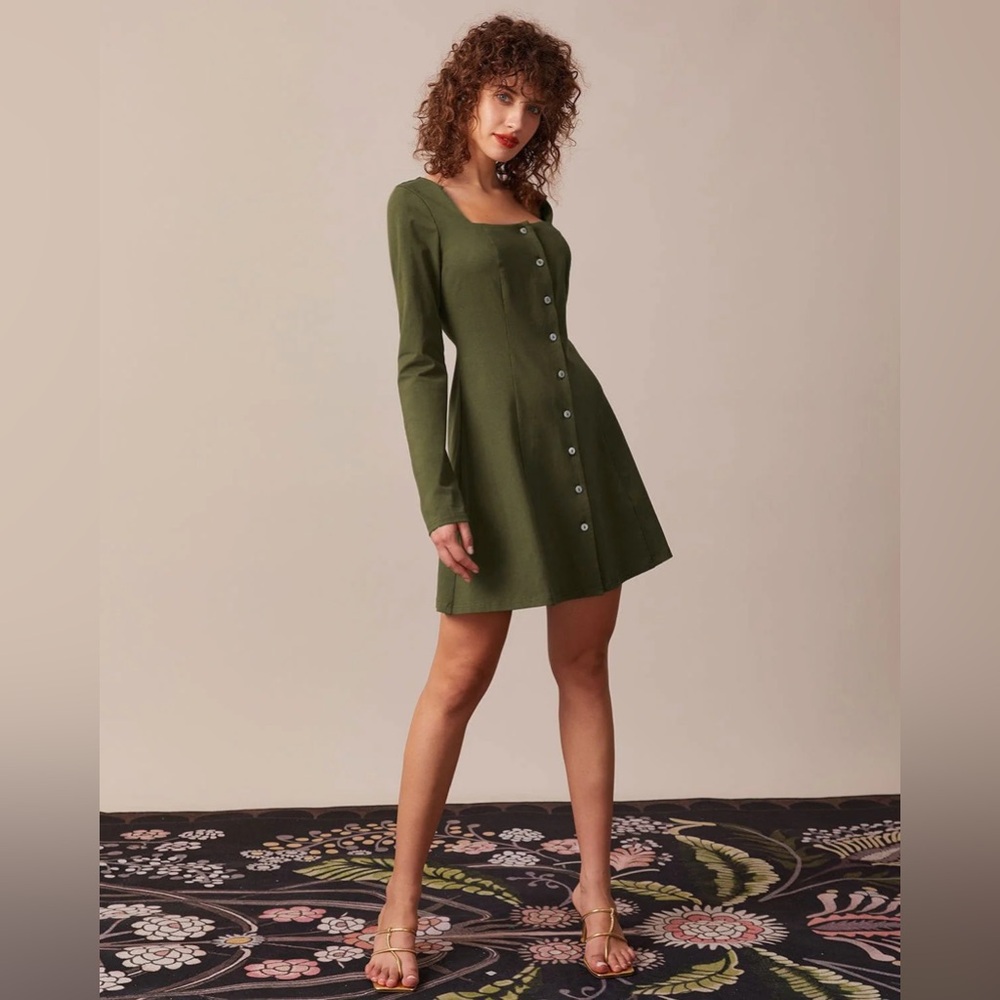 Rihoas Green Button Down Square Neck Long sleeve Dress